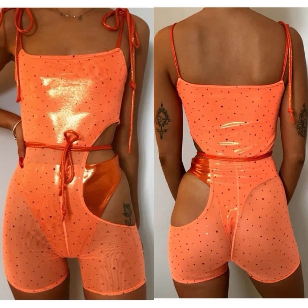 Sassy pants the label orange mesh jumpsuit